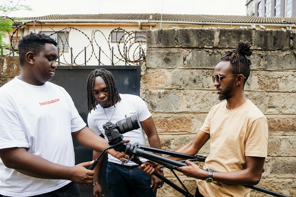 Team filming a video outdoors